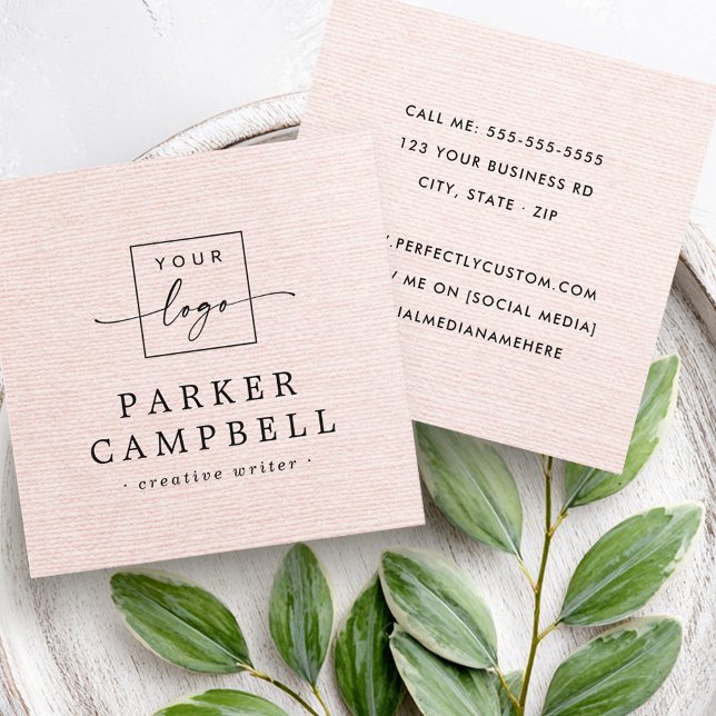 Cartão De Visita Quadrado Leve cor-de-rosa, aparência para adicionar logotip (Light blush pinl linen look add logo minimalist square business card)