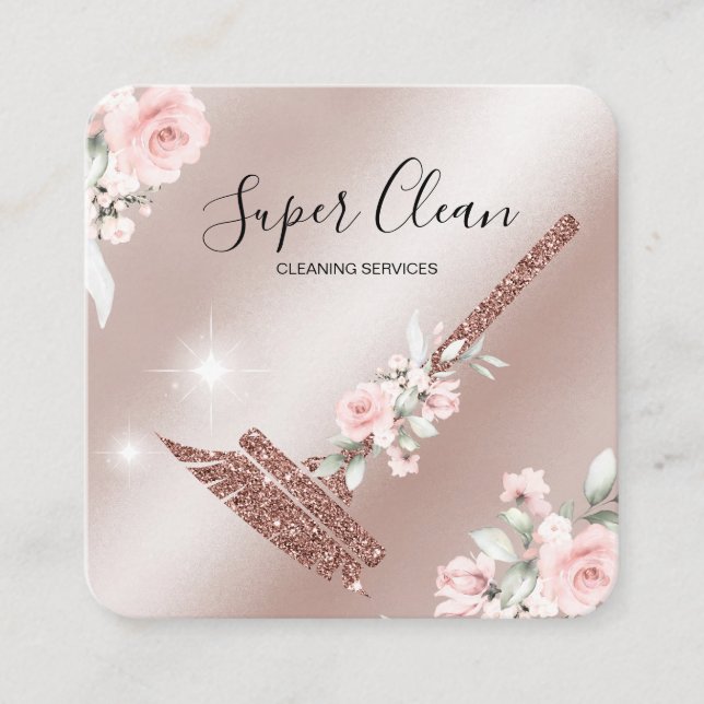 Cartão De Visita Quadrado Limpeza de Maid Casa de rosa (Frente)