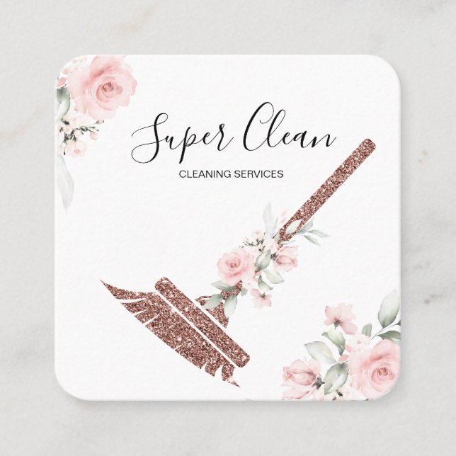 Cartão De Visita Quadrado Limpeza de Maid Casa de rosa (Frente)