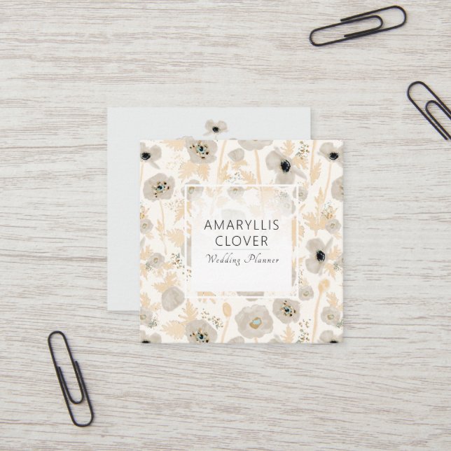 Cartão De Visita Quadrado Linda Aquarela Cinzas Amarelas Poppies Floral (Frente/Verso In Situ)