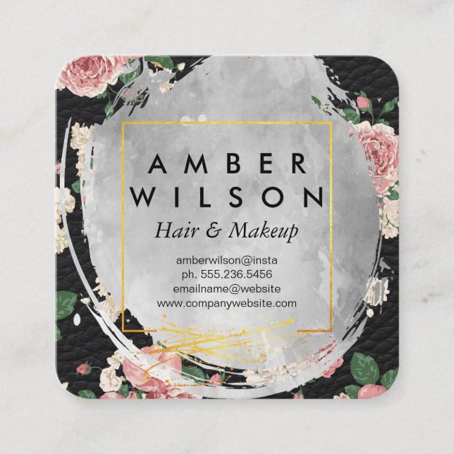 Cartão De Visita Quadrado Linda Aquarela Folha de Ouro Floral (Frente)
