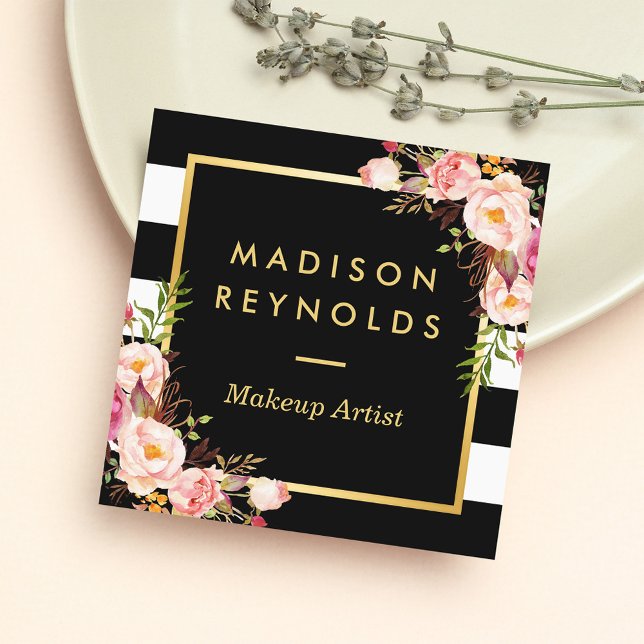 Cartão De Visita Quadrado Linda Dourada Floral Frame Black White Stripes (Criador carregado)