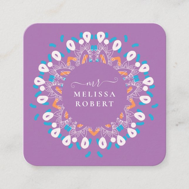 Cartão De Visita Quadrado Linda Lavander Purple Floral Mandala Marble (Frente)