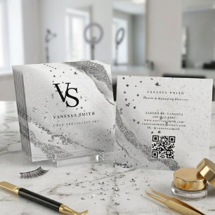Cartão De Visita Quadrado Lindo Monograma de Ágata Mármore Brilhante Diamant