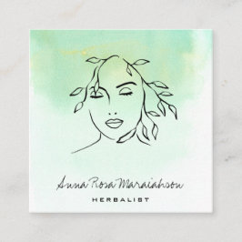 Cartão De Visita Quadrado *~* Linha Botânica Arte QR Mulher Verde 