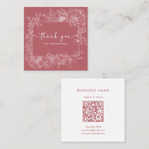 Cartão De Visita Quadrado Linha Floral Simples Código QR Vermelho Empoeirado