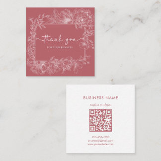 Cartão De Visita Quadrado Linha Floral Simples Código QR Vermelho Empoeirado