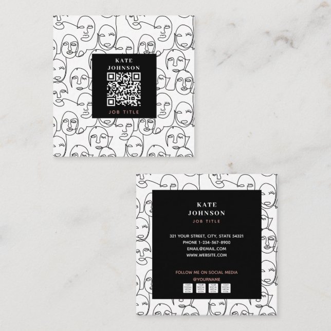 Cartão De Visita Quadrado Linhas Abstrato modernas enfrentam arte contínua d (Frente/Verso)