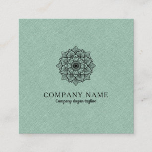 Cartão De Visita Quadrado linho Sábio-verde do falso & mandala preta