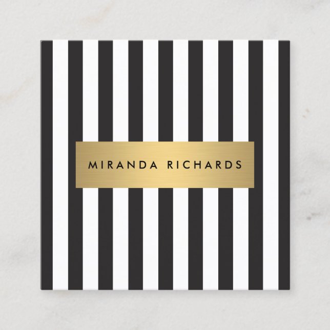 Cartão De Visita Quadrado Listras brancas e pretas luxuosas com Bar Dourado (Frente)