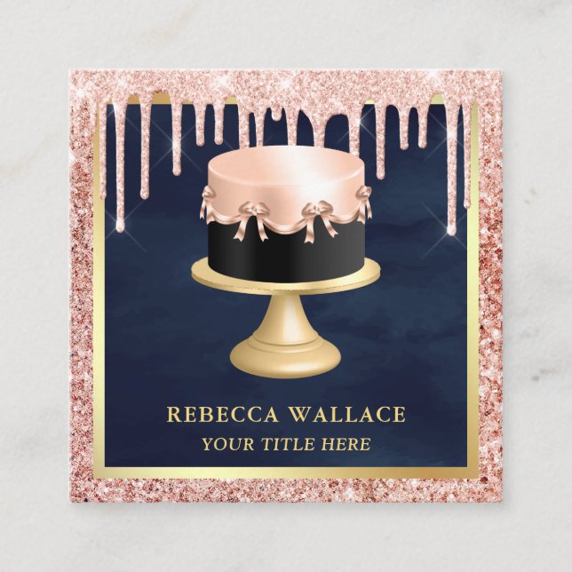 Cartão De Visita Quadrado Lixeiras Douradas rosa Blush Pink Cake Bakery (Frente)