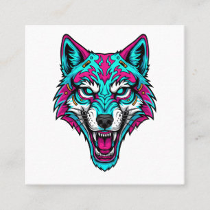 Cartão De Visita Quadrado Lobo Neon Cyberpunk - Animal Robótico Synthwave