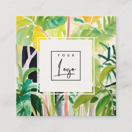 Cartão De Visita Quadrado Logotipo Botânico de Folhagem Tropical Verde Boho