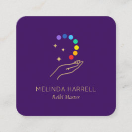Cartão De Visita Quadrado Logotipo da mão de cura Reiki, Bright Purple de ma
