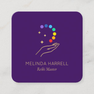 Cartão De Visita Quadrado Logotipo da mão de cura Reiki, Bright Purple de ma