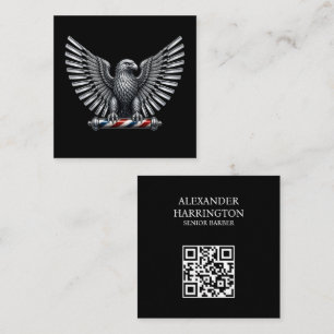 Cartão De Visita Quadrado Logotipo de Barbeiro Metal Prata Navalha Águia Bar