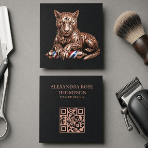 Cartão De Visita Quadrado Logotipo de Barbeiro Rosa Dourado Navalha Pantera