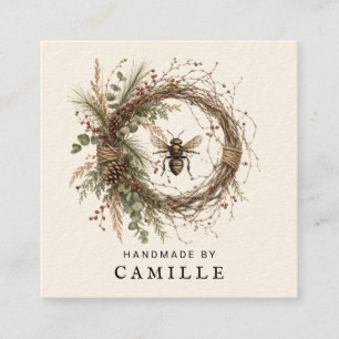 Cartão De Visita Quadrado Logotipo de Coroa Botânica Artesanal Creme