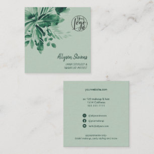 Cartão De Visita Quadrado Logótipo de maquiagem de cabelo verde tropical