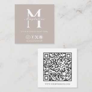 Cartão De Visita Quadrado Logotipo de Monograma Simples Código QR Bege Quent