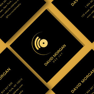 Cartão De Visita Quadrado Logotipo de música preto e Dourado do DJ minimalis