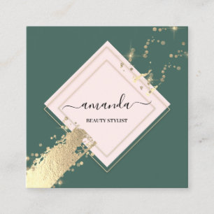 Cartão De Visita Quadrado Logotipo de Traço Verde Dourado do Quadro de Rosa