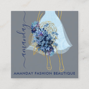 Cartão De Visita Quadrado Logotipo de vestir azul Dourado da moda QRCode Flo