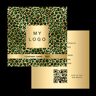 Cartão De Visita Quadrado Logotipo do leopardo de ouro verde-esmeralda QR