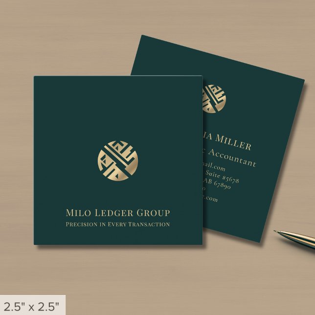 Cartão De Visita Quadrado Logotipo Dourado verde luxuoso (Criador carregado)