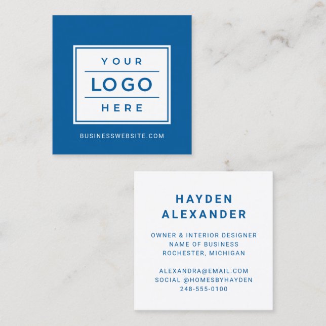 Cartão De Visita Quadrado Logotipo Empresarial Azul Moderno Personalizado (Frente/Verso)