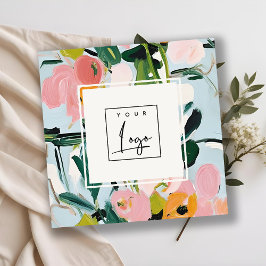 Cartão De Visita Quadrado Logotipo Floral Pintado, Cor-de-Rosa Azul, Cor-de-