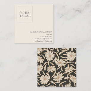 Cartão De Visita Quadrado Logotipo Minimalista Floral Creme Preto Moderno
