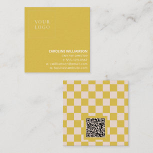 Cartão De Visita Quadrado Logotipo Moderno em Xadrez Amarelo com Código QR
