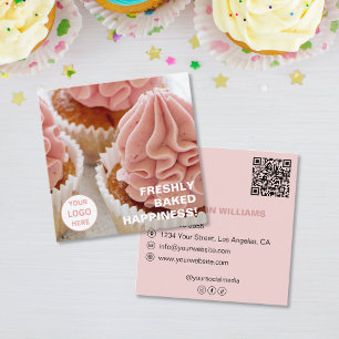 Cartão De Visita Quadrado Logotipo Personalizado Foto QR Rosa Padaria