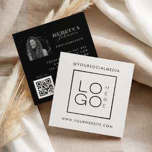 Cartão De Visita Quadrado Logotipo Preto Branco Personalizado Foto QR Code M