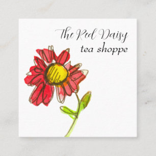 Cartão De Visita Quadrado Loja de Chá Red Daisy Flor de Aquarela