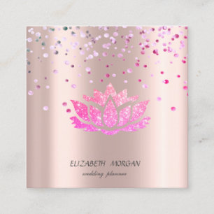 Cartão De Visita Quadrado Lótus Elegante e Estiloso, Confete Dourado Rosa