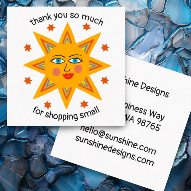 Cartão De Visita Quadrado Louco e CLIENTE, obrigado a Comprar Pequeno (Small business thank you for your order custom card with cheerful sun)
