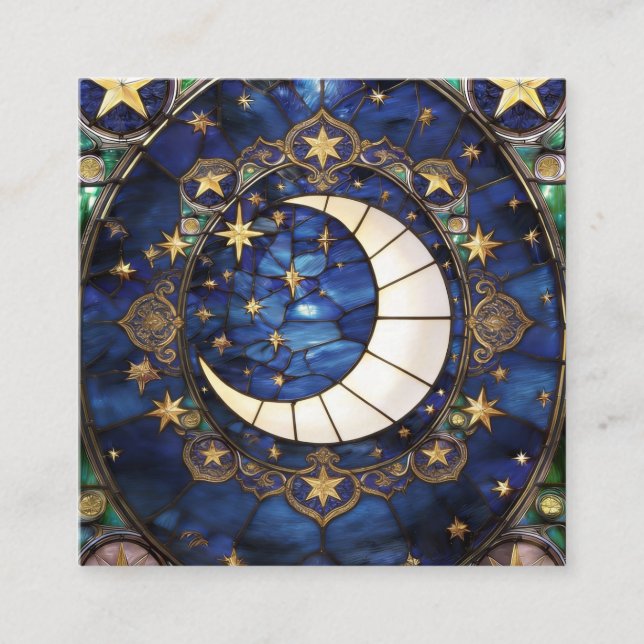 Cartão De Visita Quadrado Lua Crescente Celestial Ornada em Vitral (Frente)