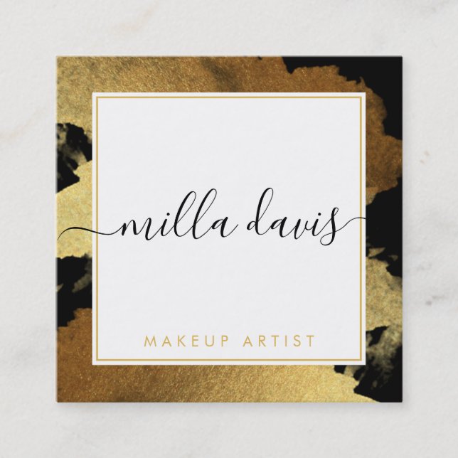 Cartão De Visita Quadrado LUXE bonito, preto-de-gema-gemido, moderno e DOURA (Frente)
