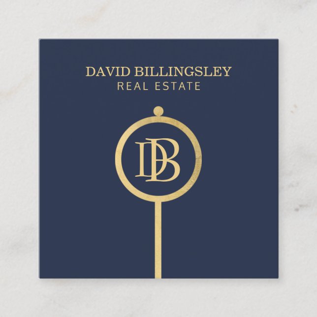 Cartão De Visita Quadrado Luxe Faux Dourado Skeleton Key Monograma Realtor B (Frente)