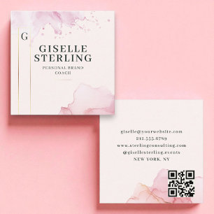 Cartão De Visita Quadrado Luxo Blush Pink Watercolor Gold Foto de Ouro Códig