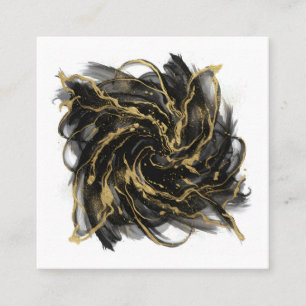 Cartão De Visita Quadrado Luxo Dourado e Preto Fluxo de Tinta Mármore Abstra
