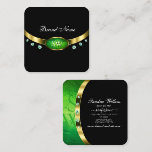 Cartão De Visita Quadrado Luxo Monograma de Mármore Verde Dourado Preto com 