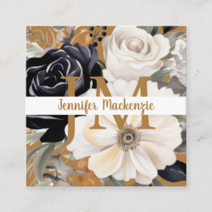 Cartão De Visita Quadrado Luxo Preto e Branco Floral Dourado