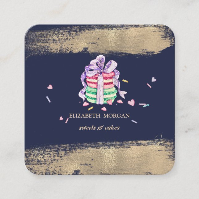 Cartão De Visita Quadrado Macarões do Traço Dourado de Pincel Legant Faux (Frente)