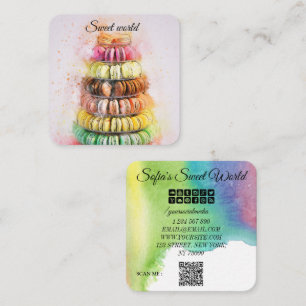 Cartão De Visita Quadrado Macarons Coloridos Doces Código Qr Moderno