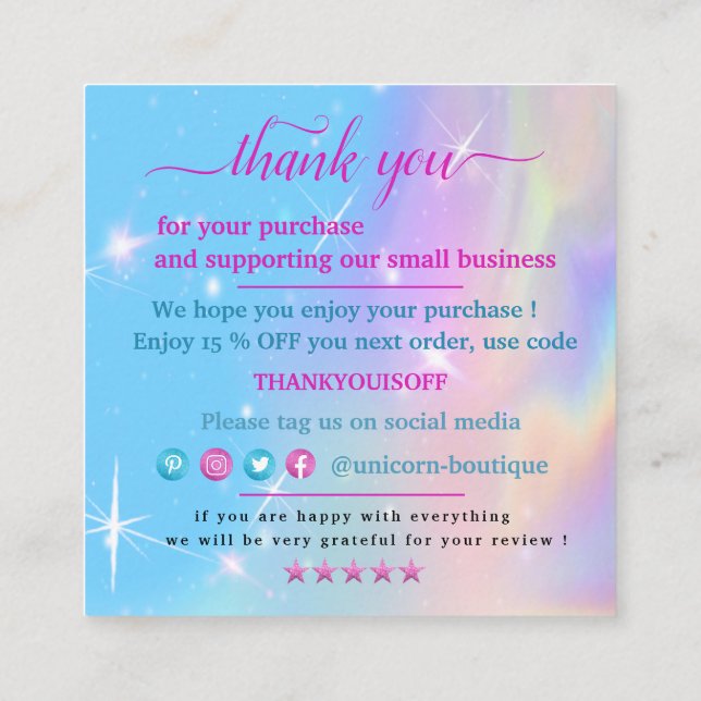 Cartão De Visita Quadrado Magic unicórn obrigado você (Verso)
