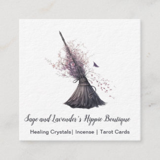 Cartão De Visita Quadrado Magick Witch Broom Primavera Blossoms