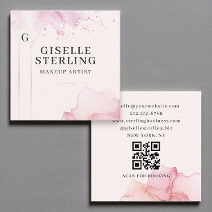 Cartão De Visita Quadrado Makeup Artist Blush Pink Watercolor Código QR